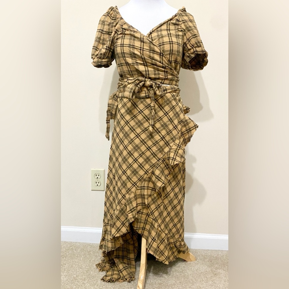 Blue Life Aura Tan Plaid Wrap Ruffled Maxi Skirt 2 Piece Set